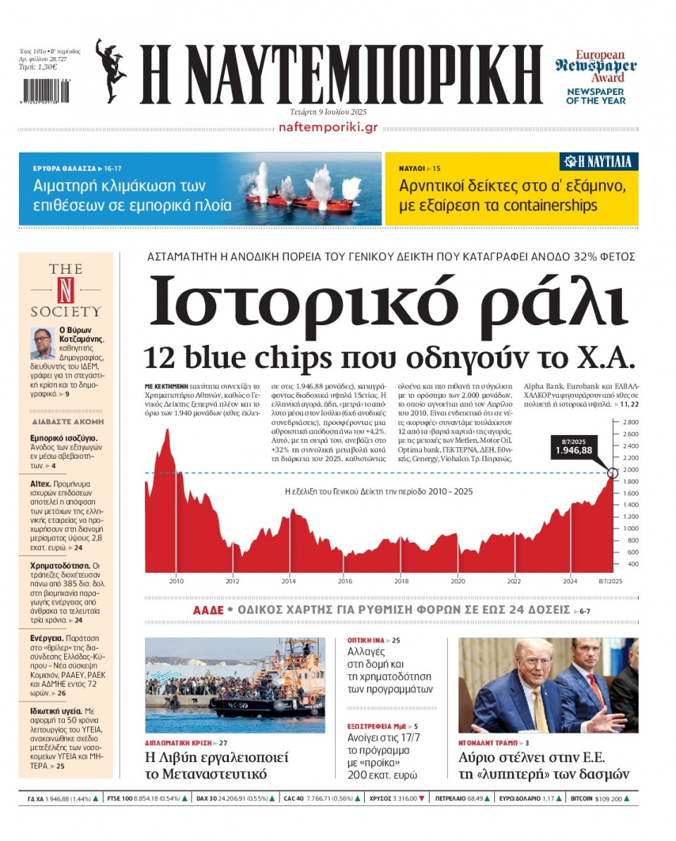 Πρωτοσέλιδο Εφημερίδας - Ναυτεμπορική - 2025-07-09