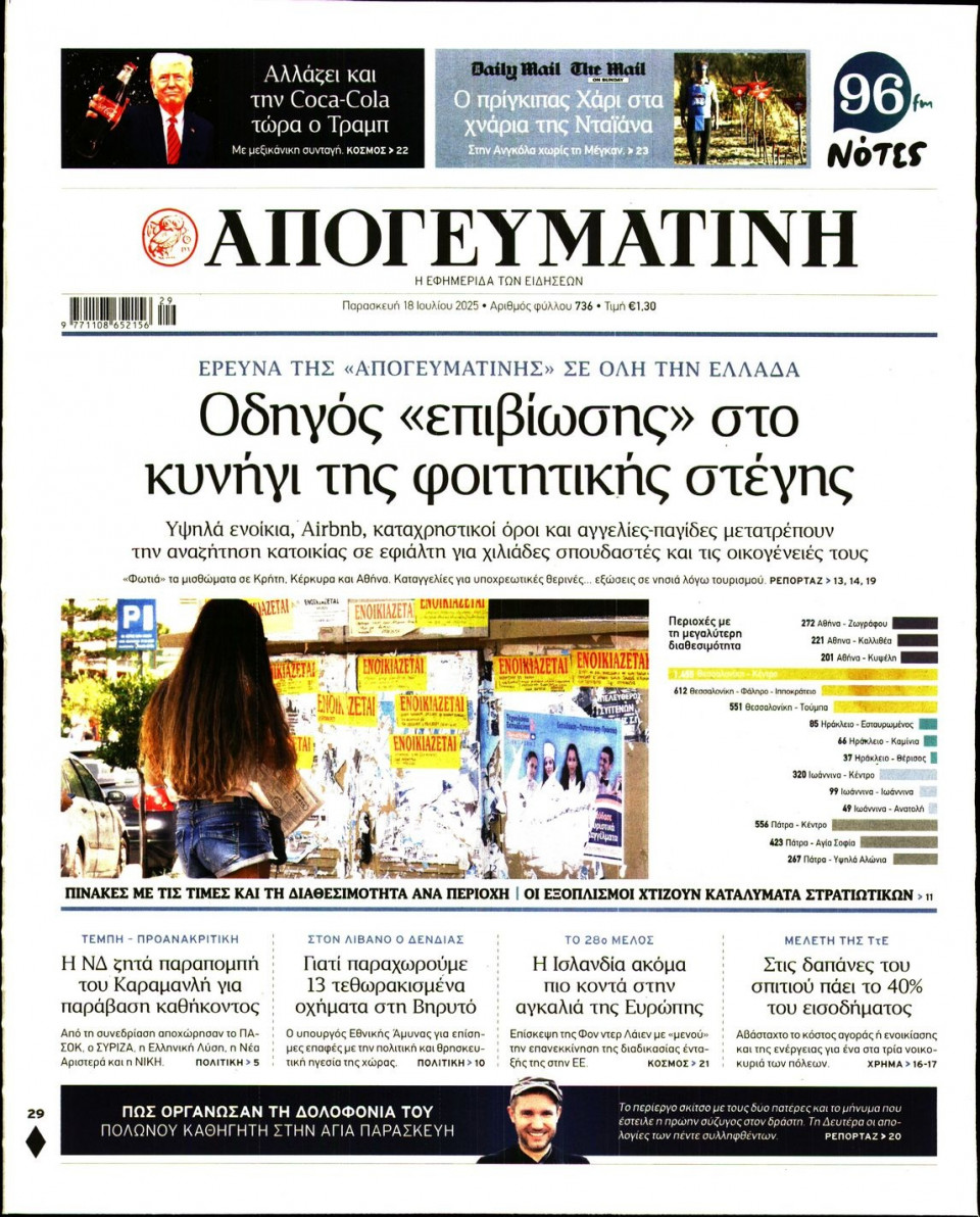 Πρωτοσέλιδο Εφημερίδας - Απογευματινή - 2025-07-18
