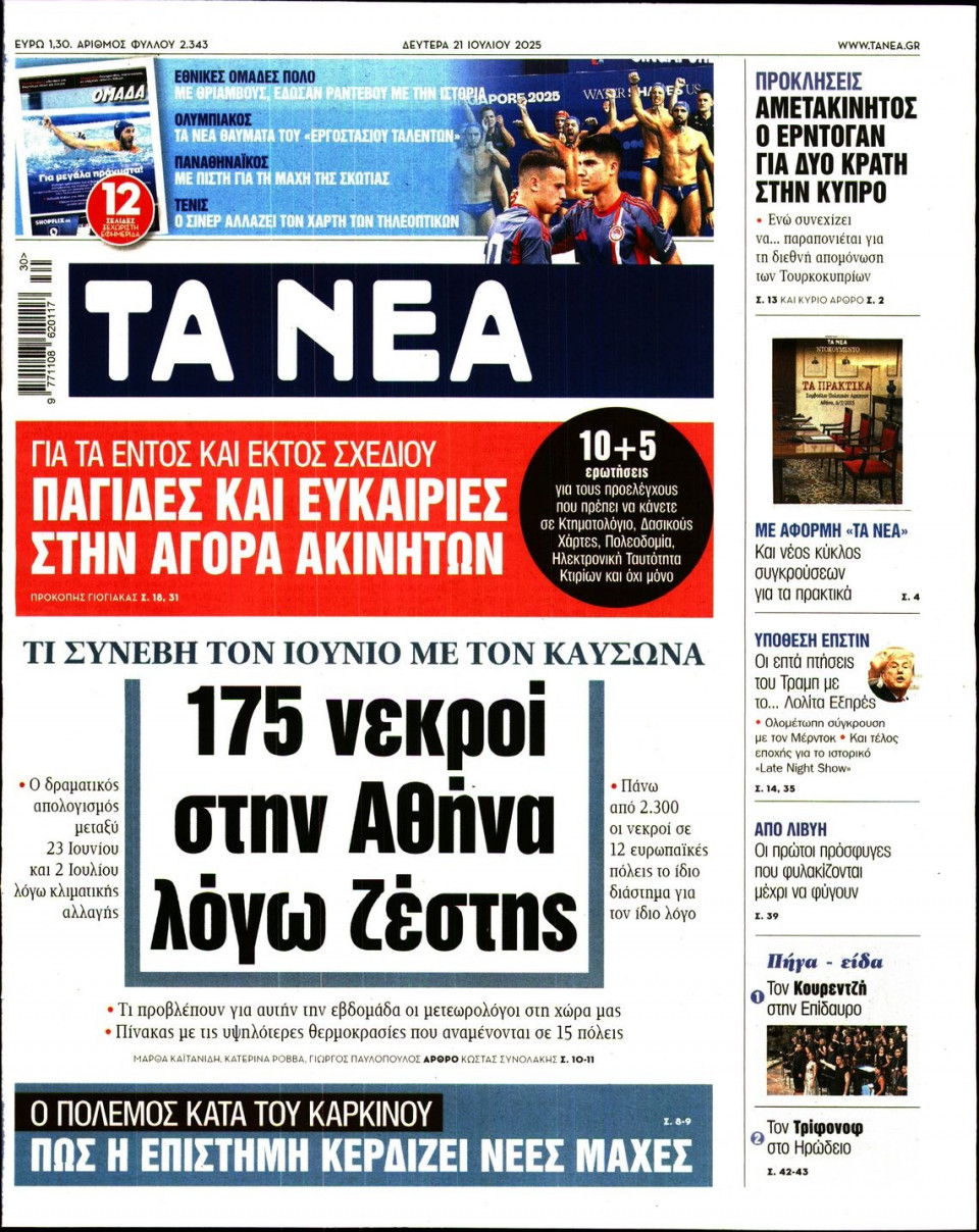 Πρωτοσέλιδο Εφημερίδας - Τα Νέα - 2025-07-21