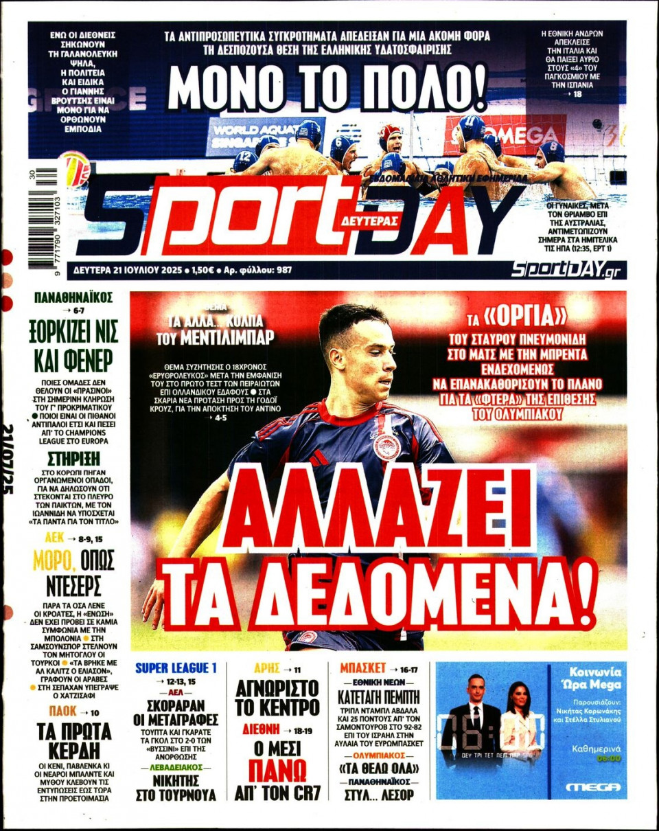 Πρωτοσέλιδο Εφημερίδας - Sportday - 2025-07-21