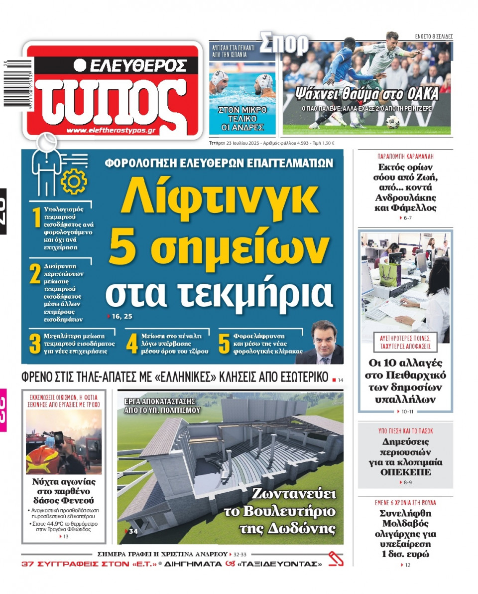 Πρωτοσέλιδο Εφημερίδας - Ελεύθερος Τύπος - 2025-07-23