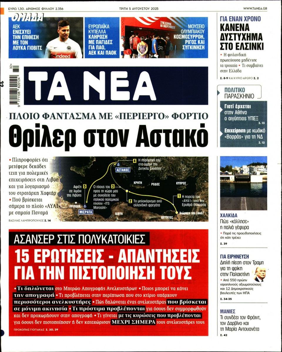 Πρωτοσέλιδο Εφημερίδας - Τα Νέα - 2025-08-05