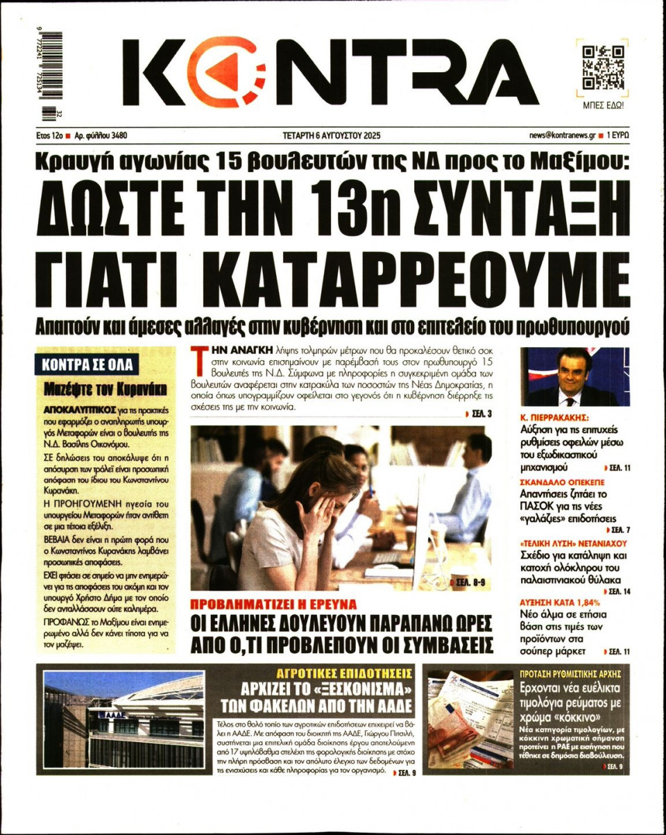 Πρωτοσέλιδο Εφημερίδας - KONTRA NEWS - 2025-08-06