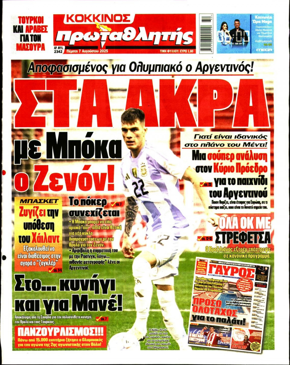 Πρωτοσέλιδο Εφημερίδας - Πρωταθλητής - 2025-08-07