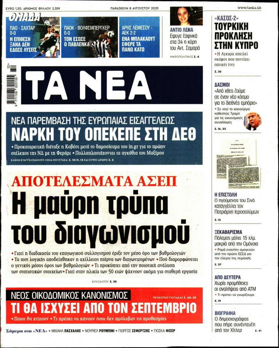 Πρωτοσέλιδο Εφημερίδας - Τα Νέα - 2025-08-08