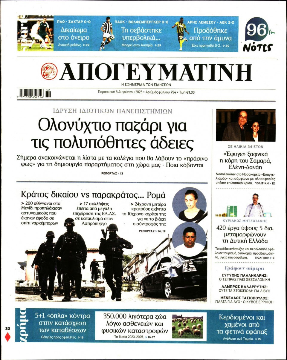 Πρωτοσέλιδο Εφημερίδας - Απογευματινή - 2025-08-08