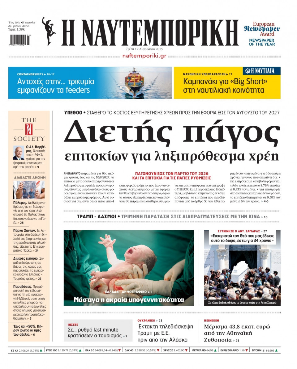 Πρωτοσέλιδο Εφημερίδας - Ναυτεμπορική - 2025-08-12