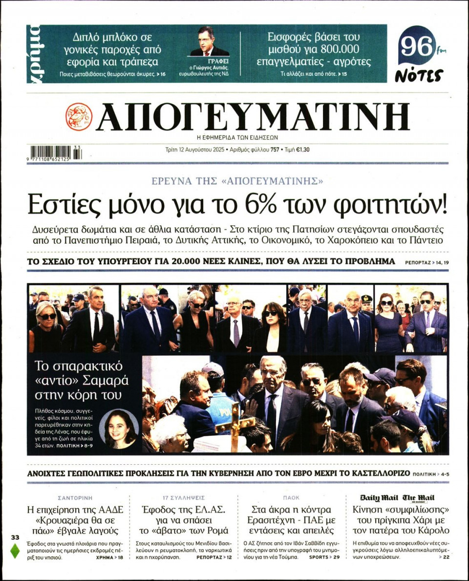 Πρωτοσέλιδο Εφημερίδας - Απογευματινή - 2025-08-12