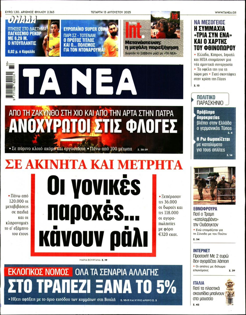 Πρωτοσέλιδο Εφημερίδας - Τα Νέα - 2025-08-13