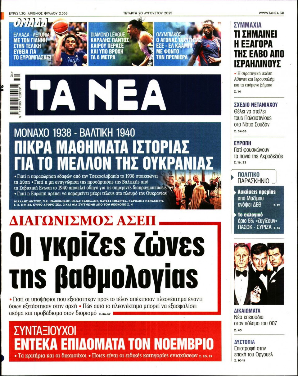Πρωτοσέλιδο Εφημερίδας - Τα Νέα - 2025-08-20