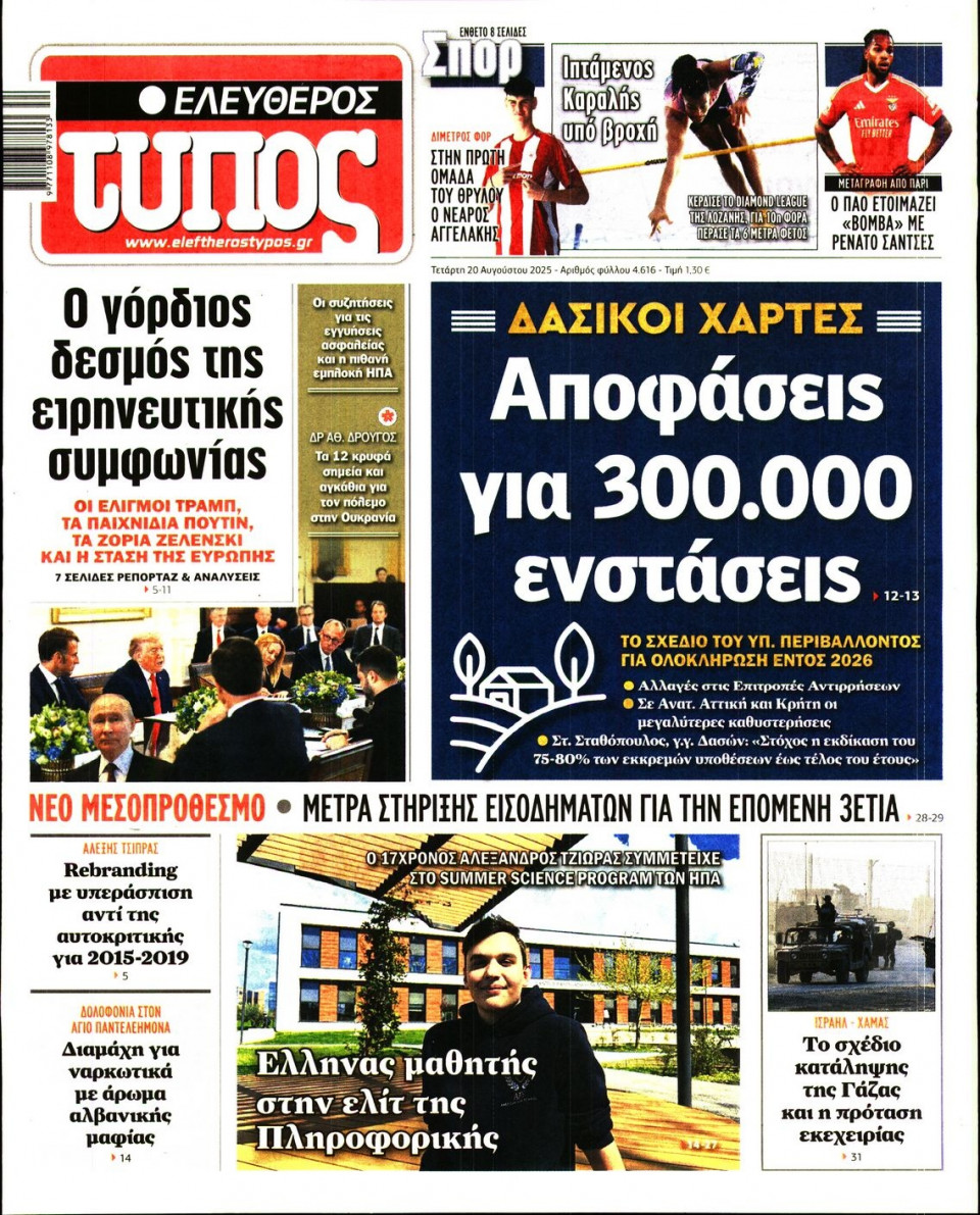 Πρωτοσέλιδο Εφημερίδας - Ελεύθερος Τύπος - 2025-08-20