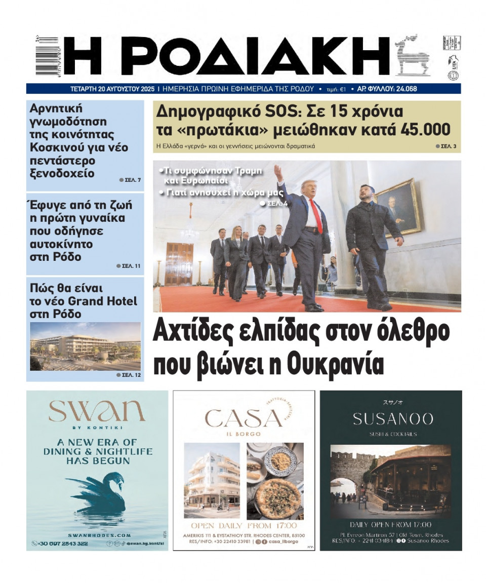 Πρωτοσέλιδο Εφημερίδας - Ροδιακή - 2025-08-20