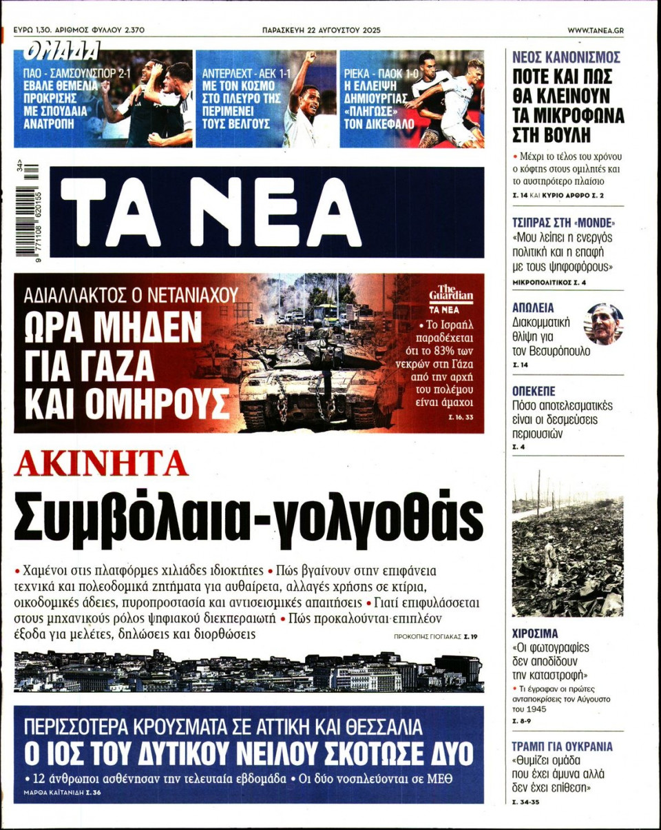 Πρωτοσέλιδο Εφημερίδας - Τα Νέα - 2025-08-22
