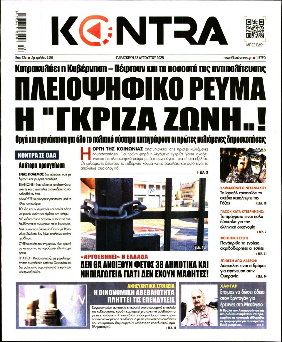 Πρωτοσέλιδο Εφημερίδας - KONTRA NEWS - 2025-08-22