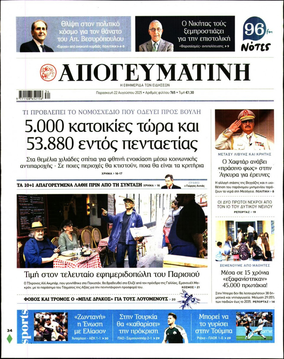 Πρωτοσέλιδο Εφημερίδας - Απογευματινή - 2025-08-22