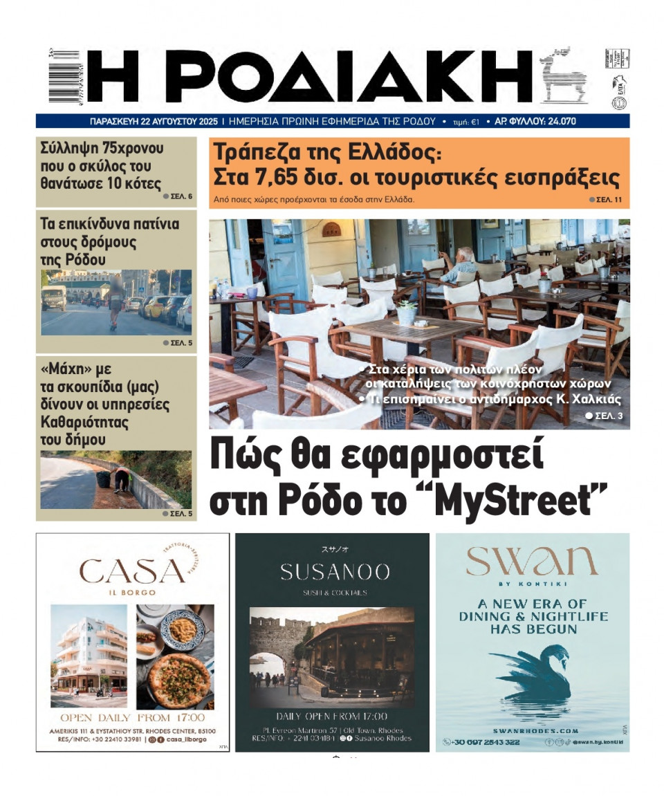 Πρωτοσέλιδο Εφημερίδας - Ροδιακή - 2025-08-22