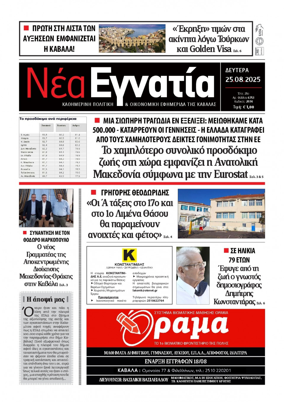 Πρωτοσέλιδο Εφημερίδας - Νέα Εγνατία Καβάλας - 2025-08-25