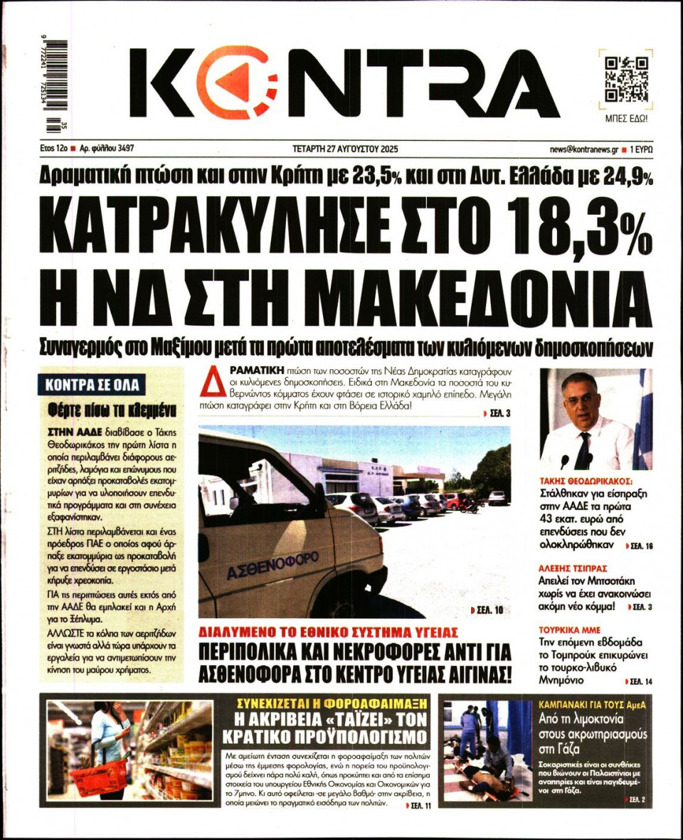 Πρωτοσέλιδο Εφημερίδας - KONTRA NEWS - 2025-08-27