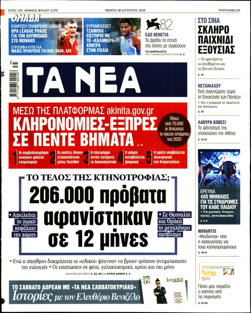 Πρωτοσέλιδο Εφημερίδας - Τα Νέα - 2025-08-28