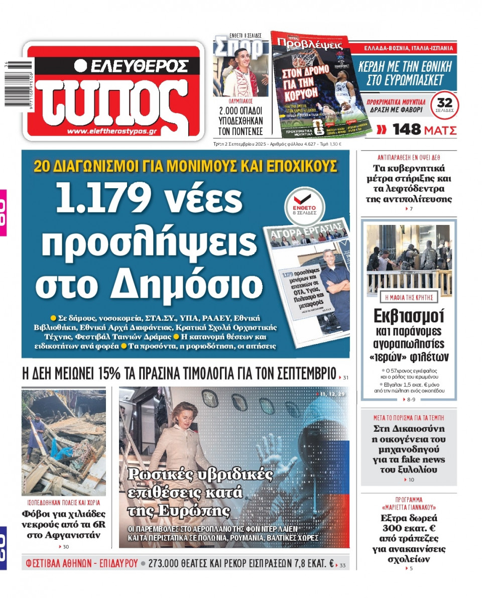 Πρωτοσέλιδο Εφημερίδας - Ελεύθερος Τύπος - 2025-09-02