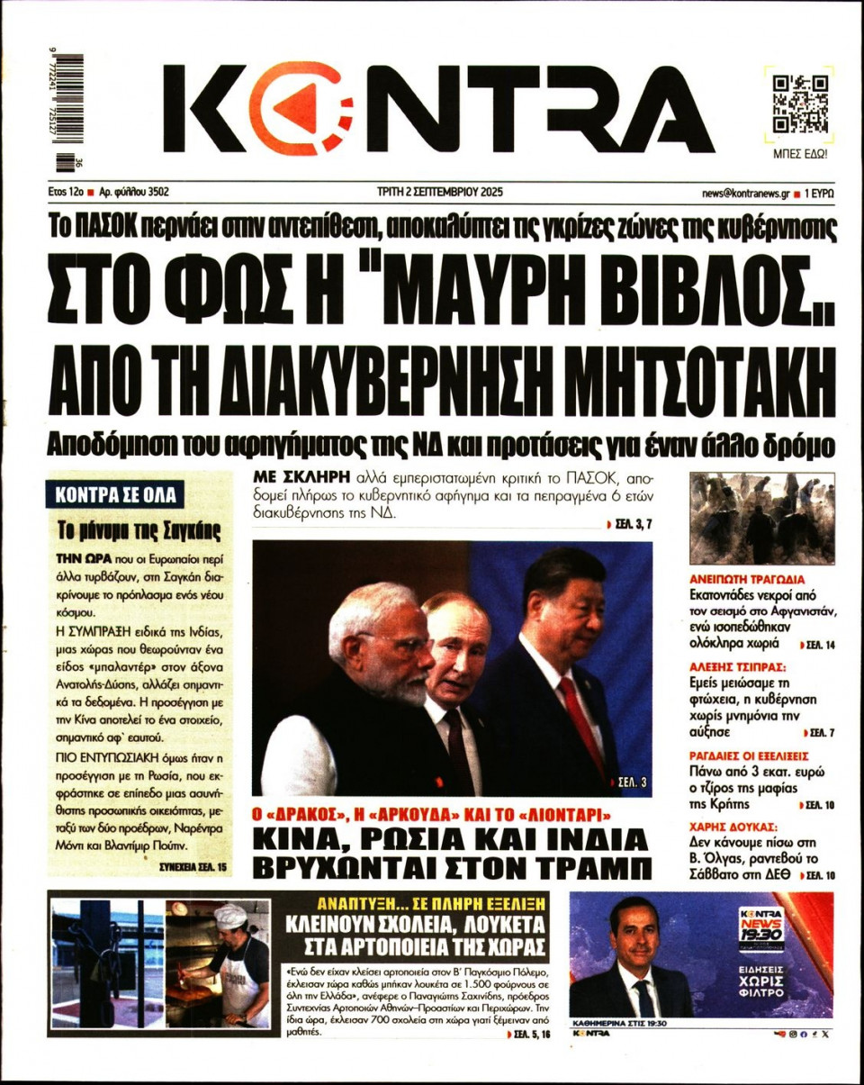 Πρωτοσέλιδο Εφημερίδας - KONTRA NEWS - 2025-09-02