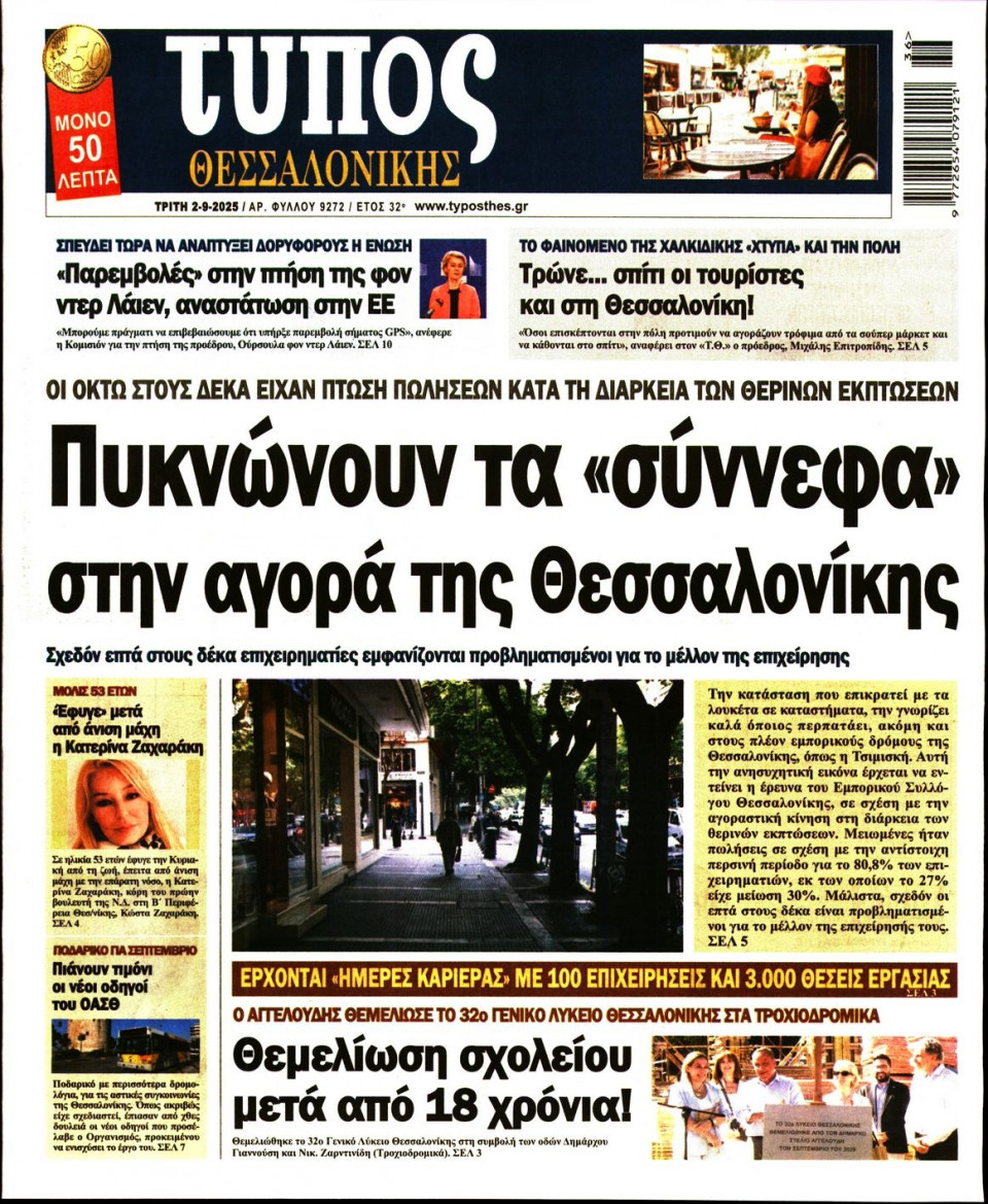 Πρωτοσέλιδο Εφημερίδας - Τύπος Θεσσαλονίκης - 2025-09-02