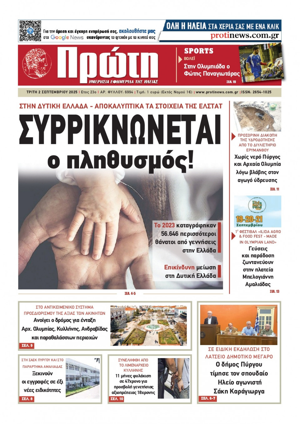 Πρωτοσέλιδο Εφημερίδας - Πρώτη Ηλείας - 2025-09-02