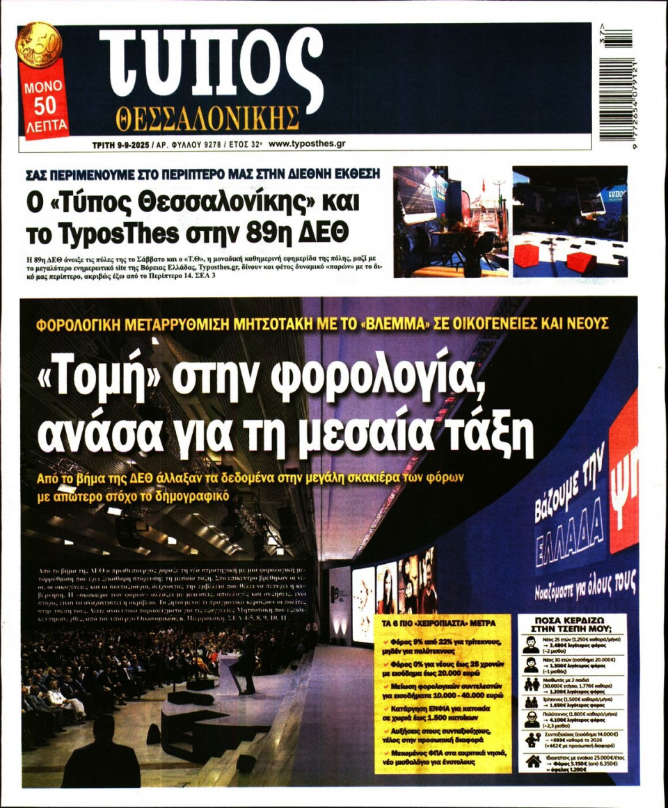 Πρωτοσέλιδο Εφημερίδας - Τύπος Θεσσαλονίκης - 2025-09-09