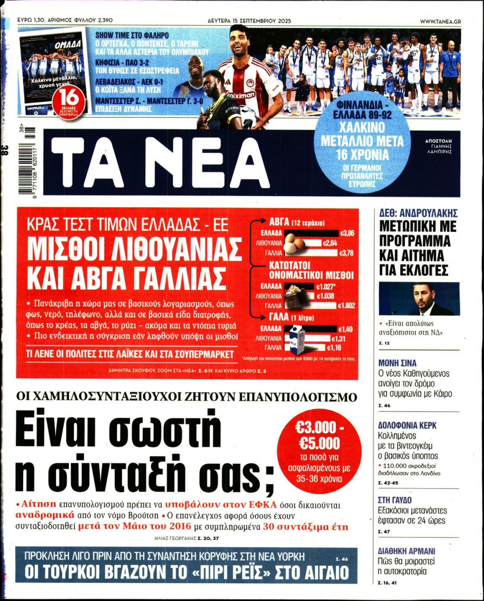 Πρωτοσέλιδο Εφημερίδας - Τα Νέα - 2025-09-15