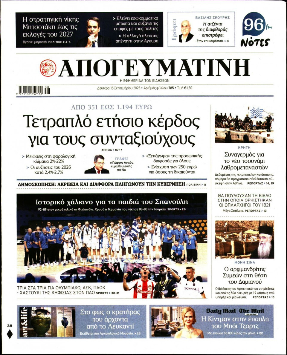 Πρωτοσέλιδο Εφημερίδας - Απογευματινή - 2025-09-15