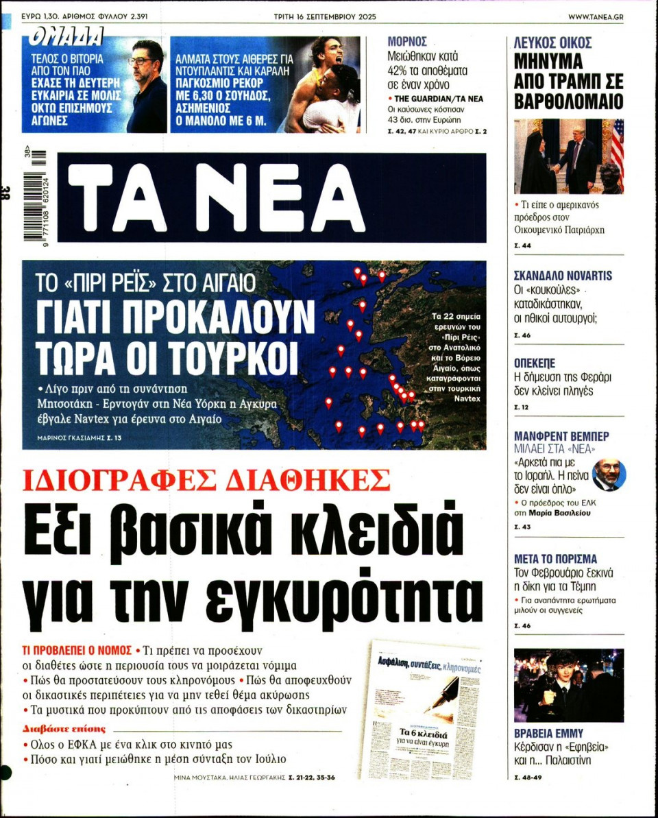 Πρωτοσέλιδο Εφημερίδας - Τα Νέα - 2025-09-16