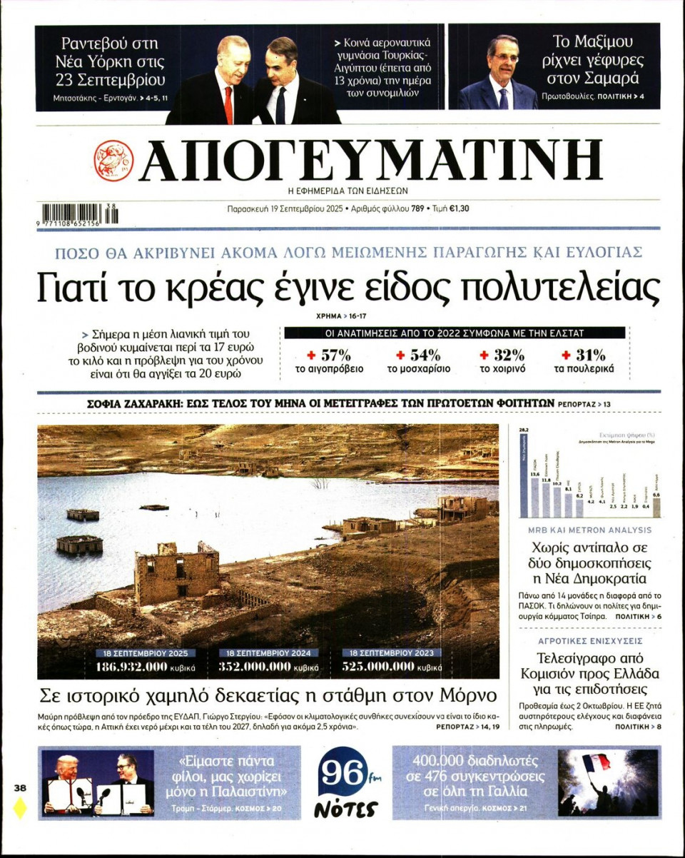 Πρωτοσέλιδο Εφημερίδας - Απογευματινή - 2025-09-19