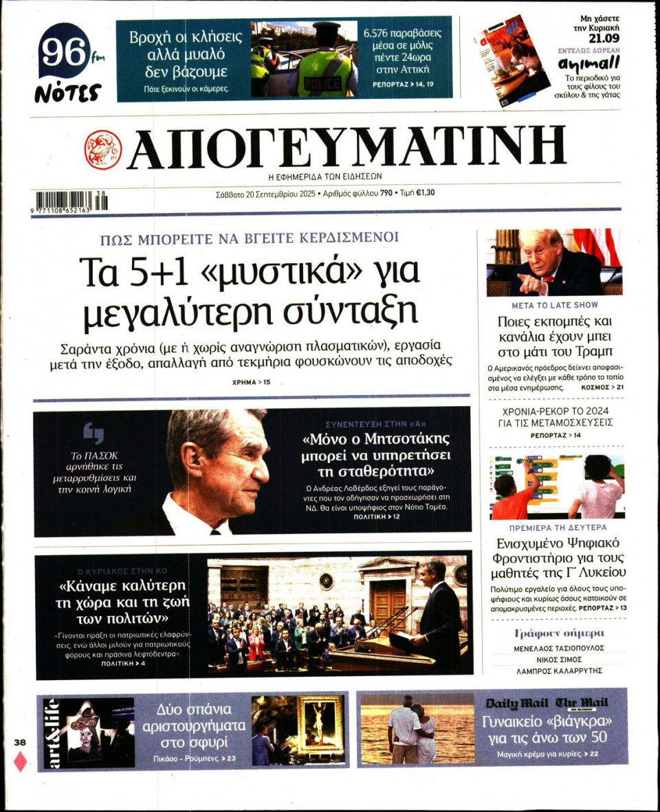 Πρωτοσέλιδο Εφημερίδας - Απογευματινή - 2025-09-20