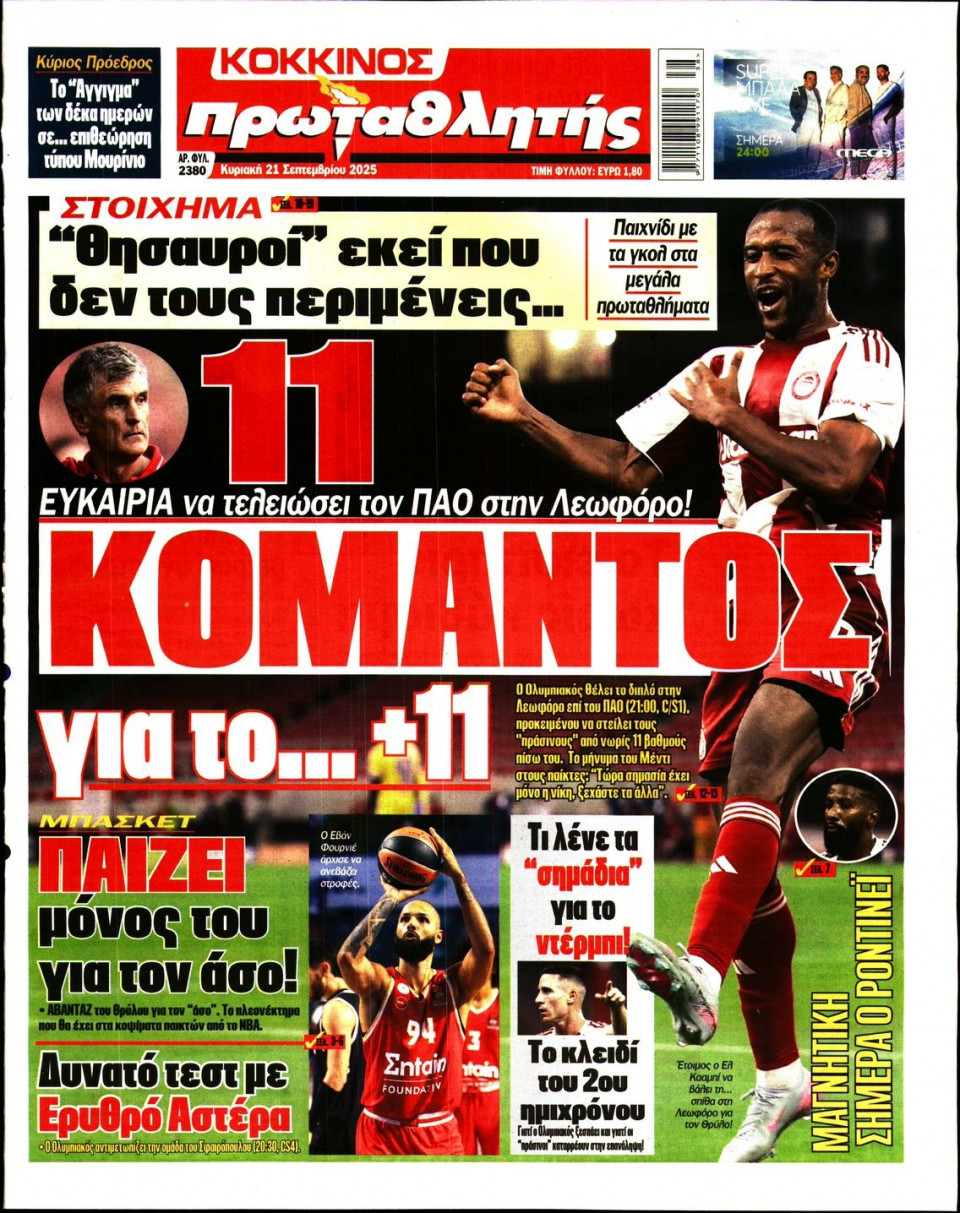 Πρωτοσέλιδο Εφημερίδας - Πρωταθλητής - 2025-09-21