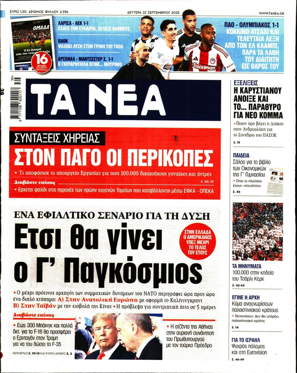 Πρωτοσέλιδο Εφημερίδας - Τα Νέα - 2025-09-22