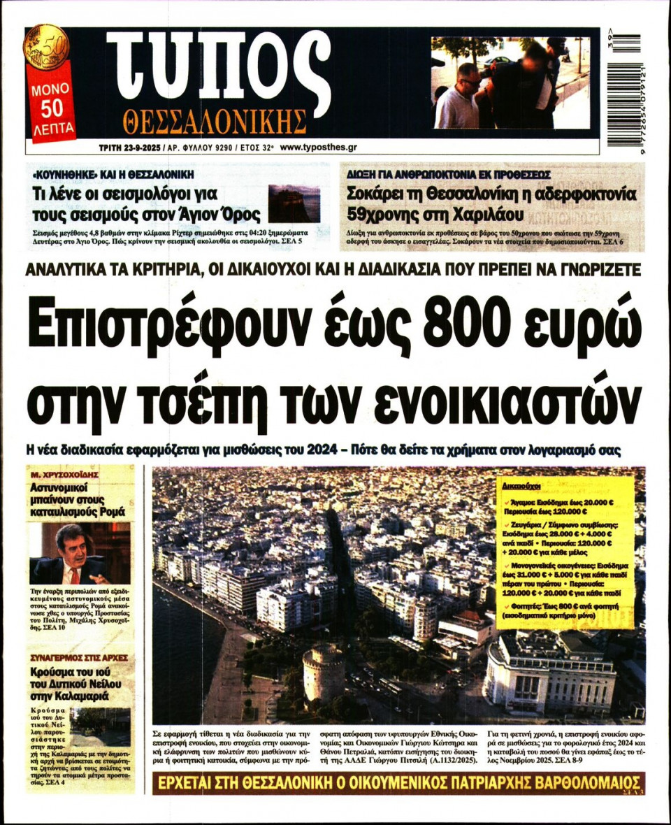 Πρωτοσέλιδο Εφημερίδας - Τύπος Θεσσαλονίκης - 2025-09-23