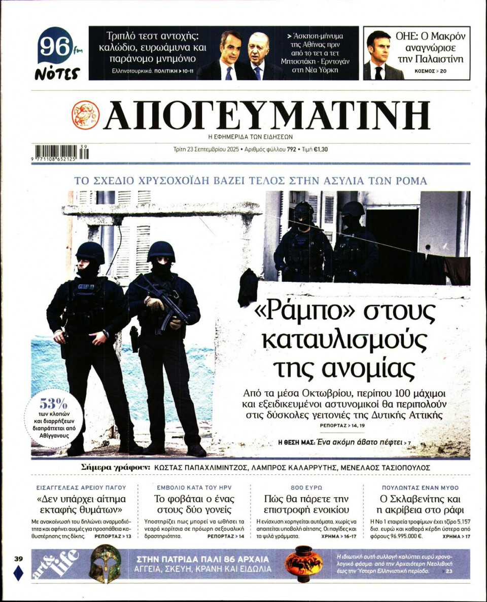 Πρωτοσέλιδο Εφημερίδας - Απογευματινή - 2025-09-23