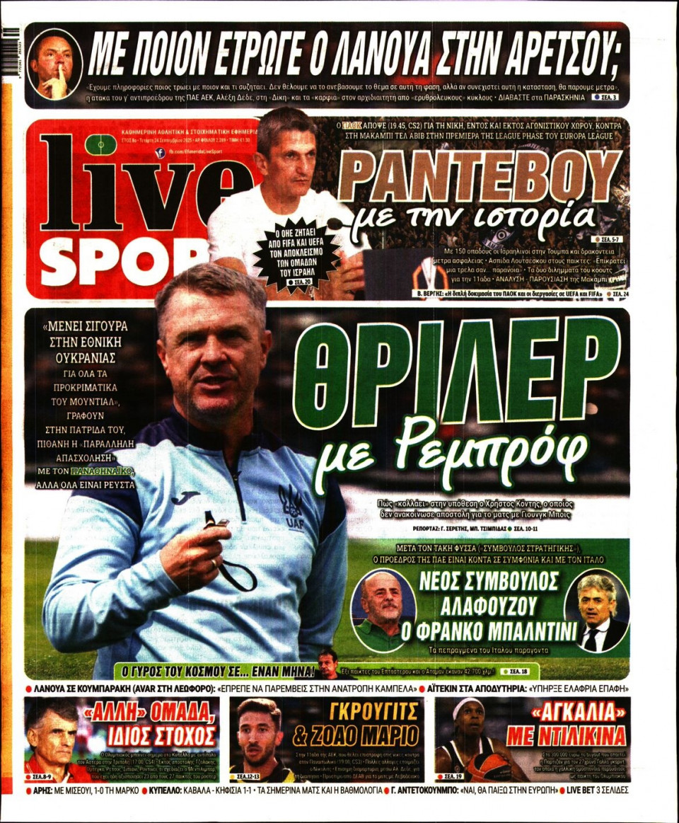 Πρωτοσέλιδο Εφημερίδας - Live Sport - 2025-09-24