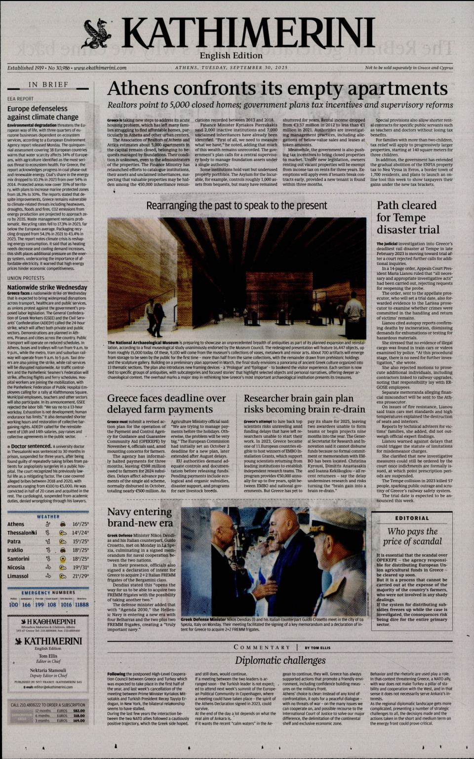 Πρωτοσέλιδο Εφημερίδας - INTERNATIONAL NEW YORK TIMES_KATHIMERINI - 2025-09-30