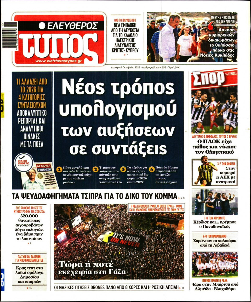 Πρωτοσέλιδο Εφημερίδας - Ελεύθερος Τύπος - 2025-10-06