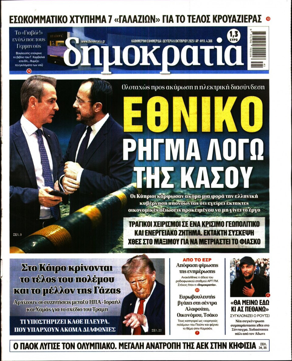 Πρωτοσέλιδο Εφημερίδας - Δημοκρατία - 2025-10-06