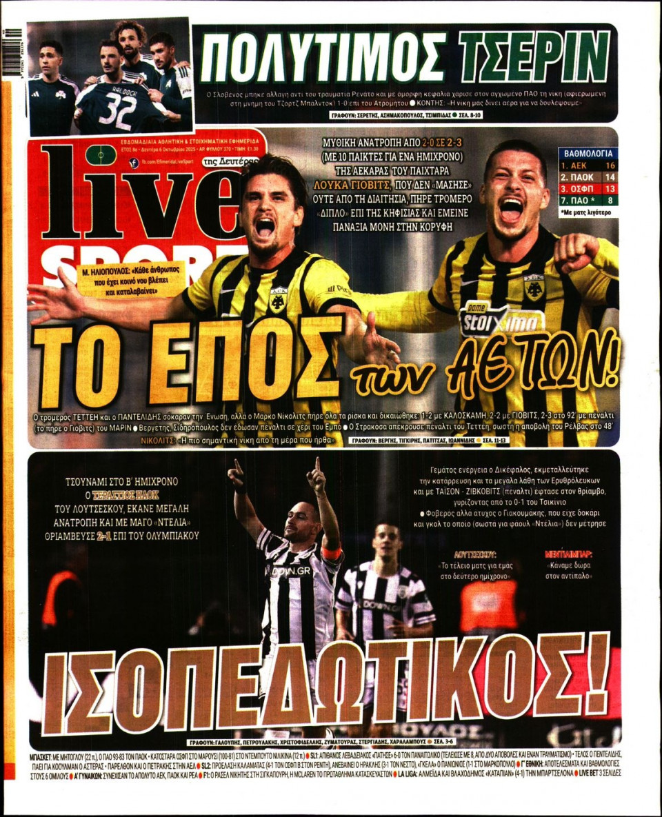 Πρωτοσέλιδο Εφημερίδας - Live Sport - 2025-10-06