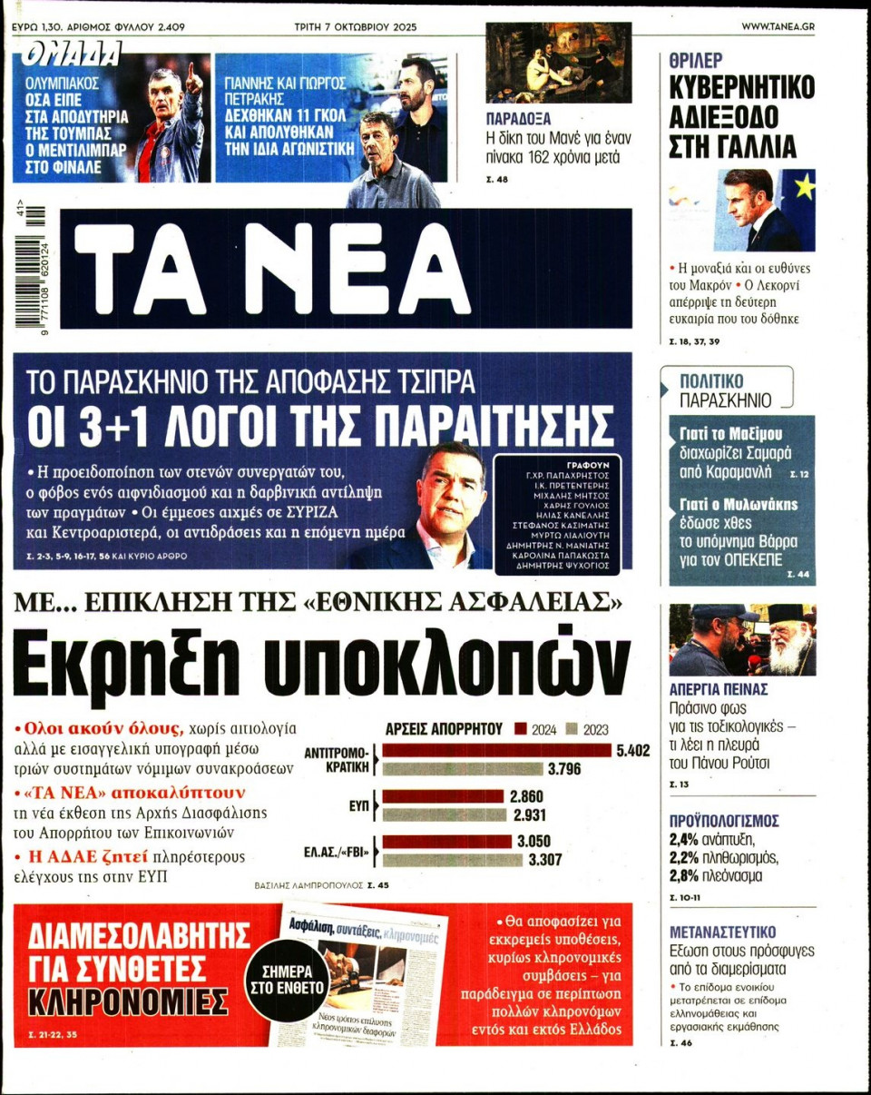 Πρωτοσέλιδο Εφημερίδας - Τα Νέα - 2025-10-07
