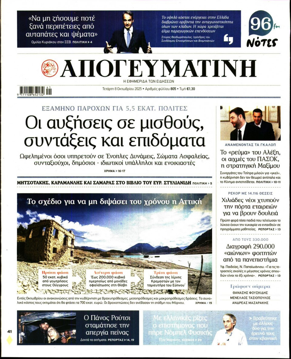 Πρωτοσέλιδο Εφημερίδας - Απογευματινή - 2025-10-08