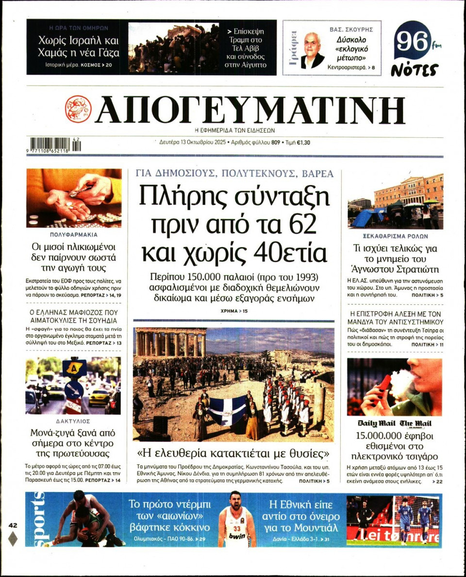 Πρωτοσέλιδο Εφημερίδας - Απογευματινή - 2025-10-13