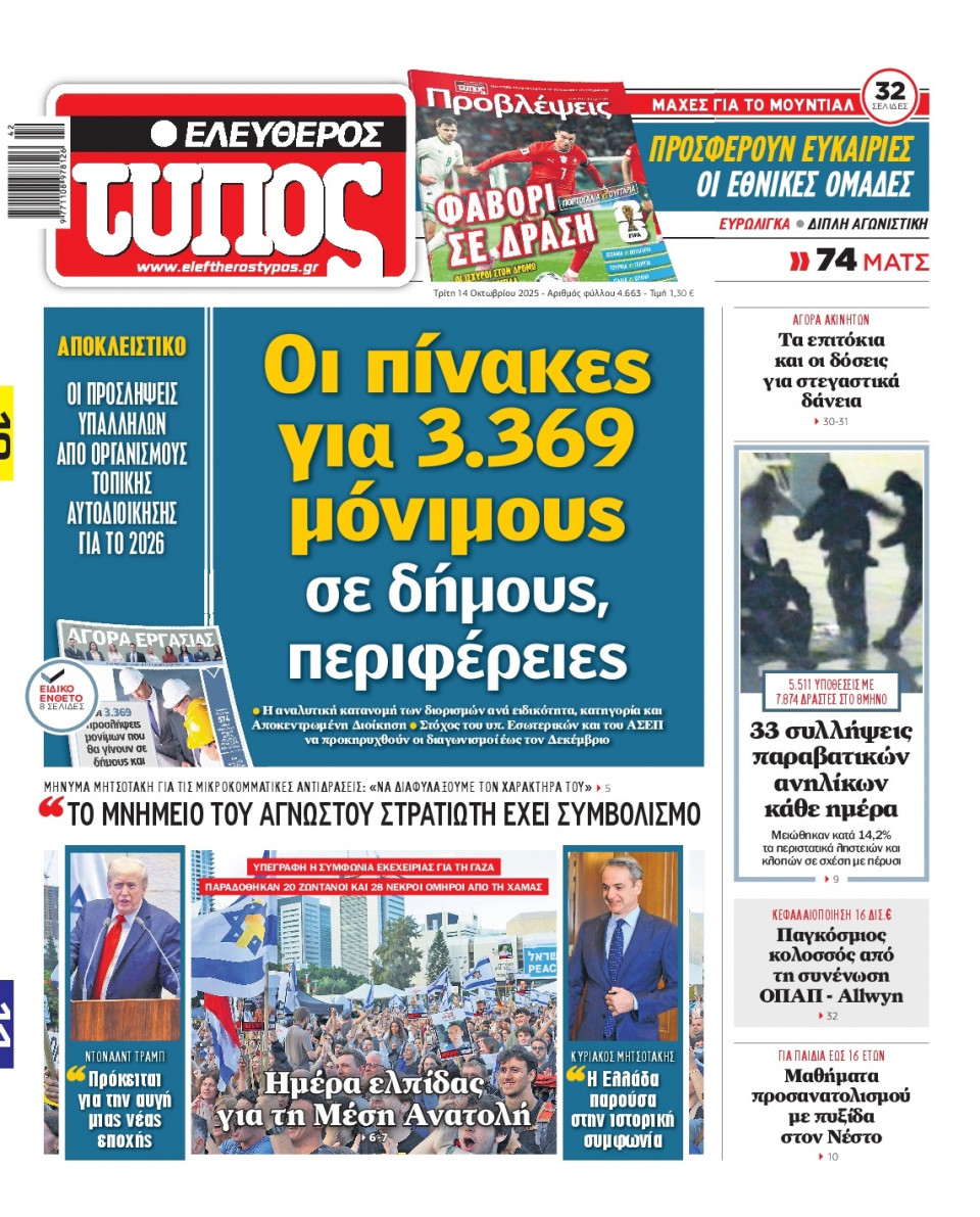 Πρωτοσέλιδο Εφημερίδας - Ελεύθερος Τύπος - 2025-10-14