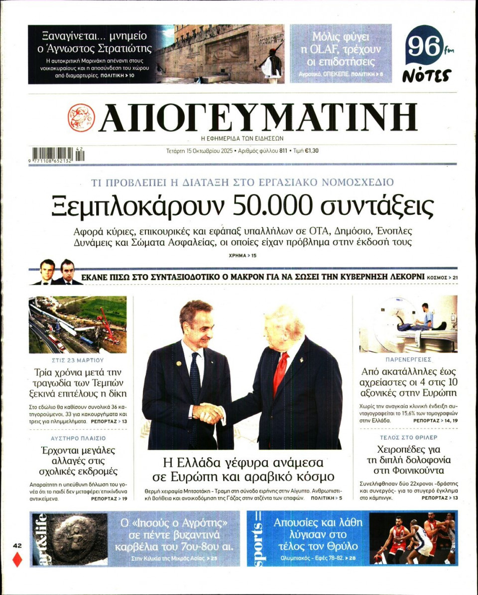 Πρωτοσέλιδο Εφημερίδας - Απογευματινή - 2025-10-15