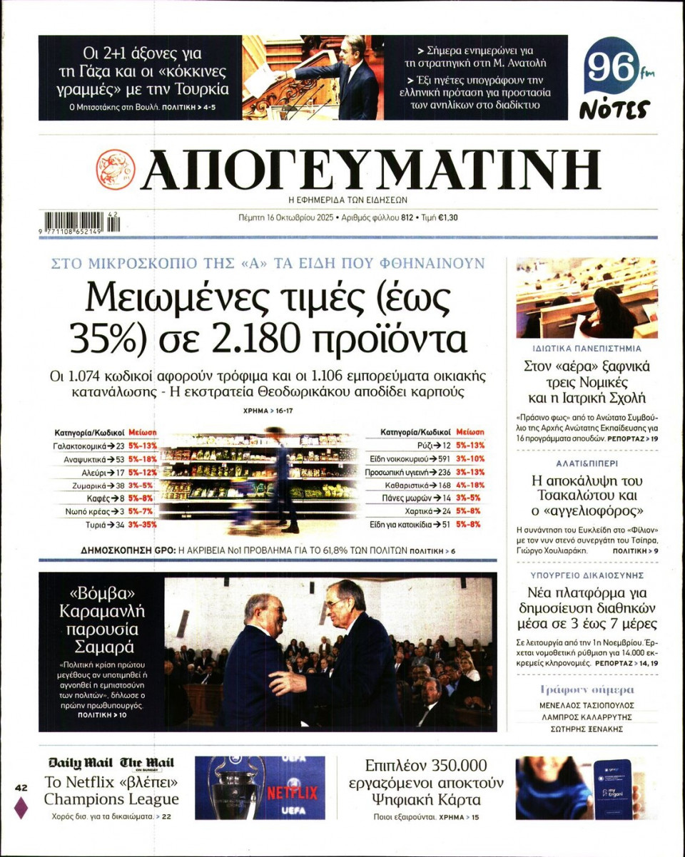 Πρωτοσέλιδο Εφημερίδας - Απογευματινή - 2025-10-16