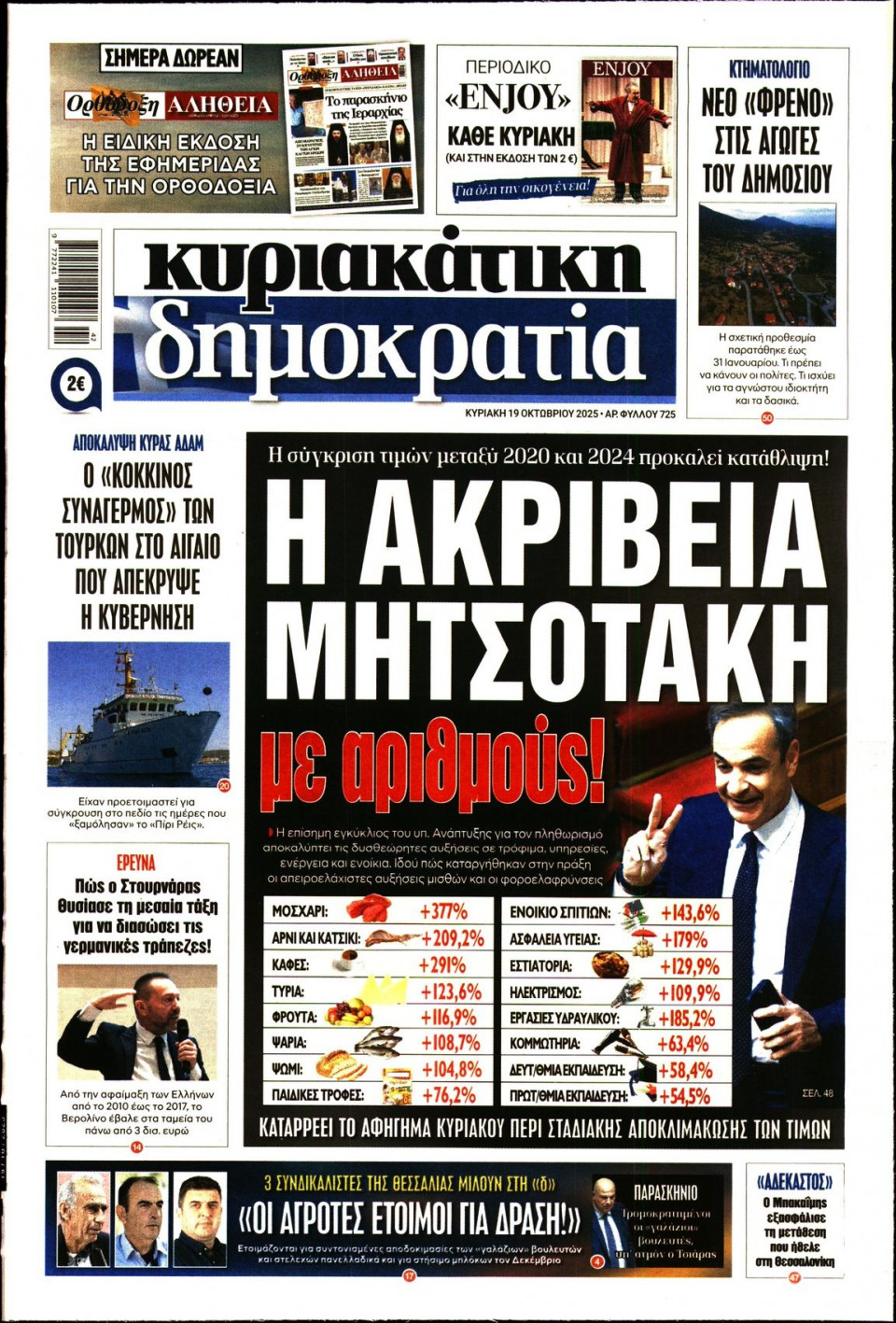Πρωτοσέλιδο Εφημερίδας - Κυριακάτικη Δημοκρατία - 2025-10-19