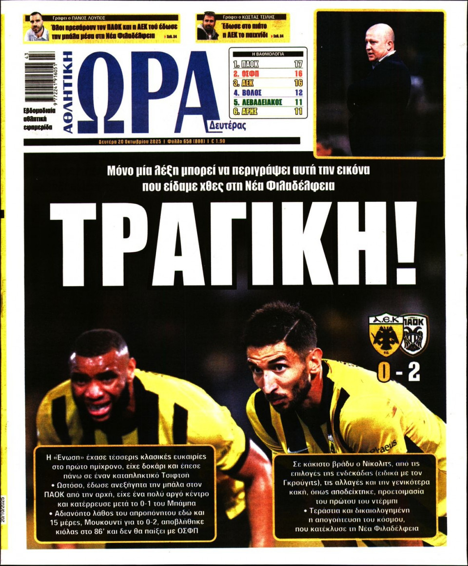 Πρωτοσέλιδο Εφημερίδας - Ώρα για Σπόρ - 2025-10-20